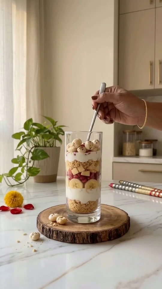 A tall glass layered with yogurt, fruit and roasted makhana on a wooden board