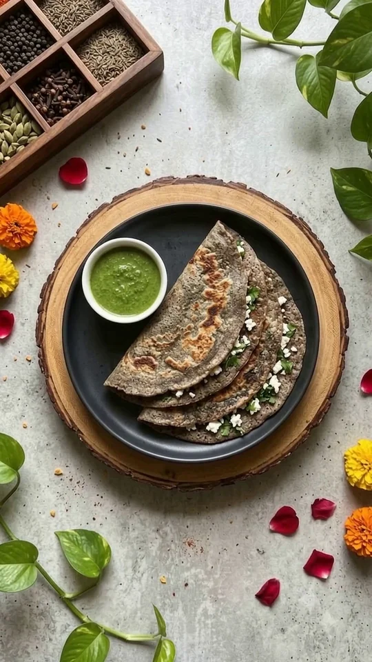 Kuttu paneer cheela folded on a dark plate, with a bowl of green chutney