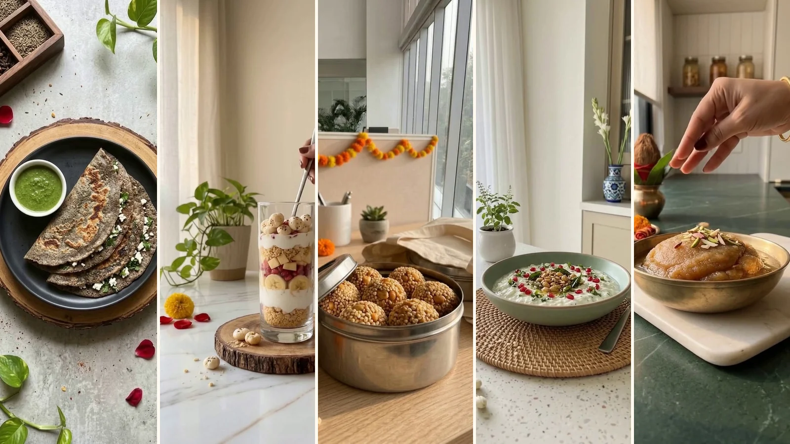 Five Navratri dishes side by side: kuttu paneer cheela, a fruit and makhana parfait, rajgira peanut ladoos, a samak rice yogurt bowl and singhara halwa