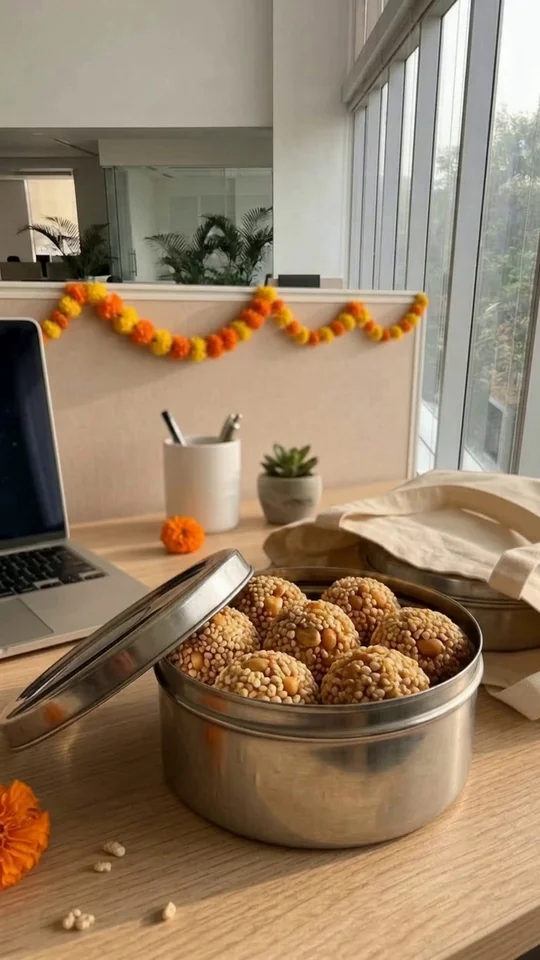 Rajgira peanut ladoos in an open steel tin on an office desk decorated with marigolds