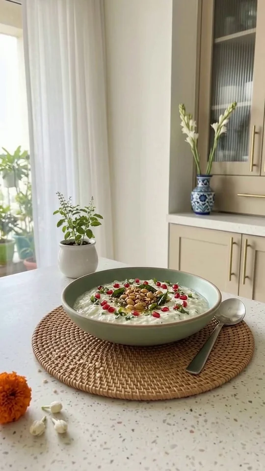 A bowl of samak rice in yogurt topped with a peanut tadka and pomegranate, on a cane mat