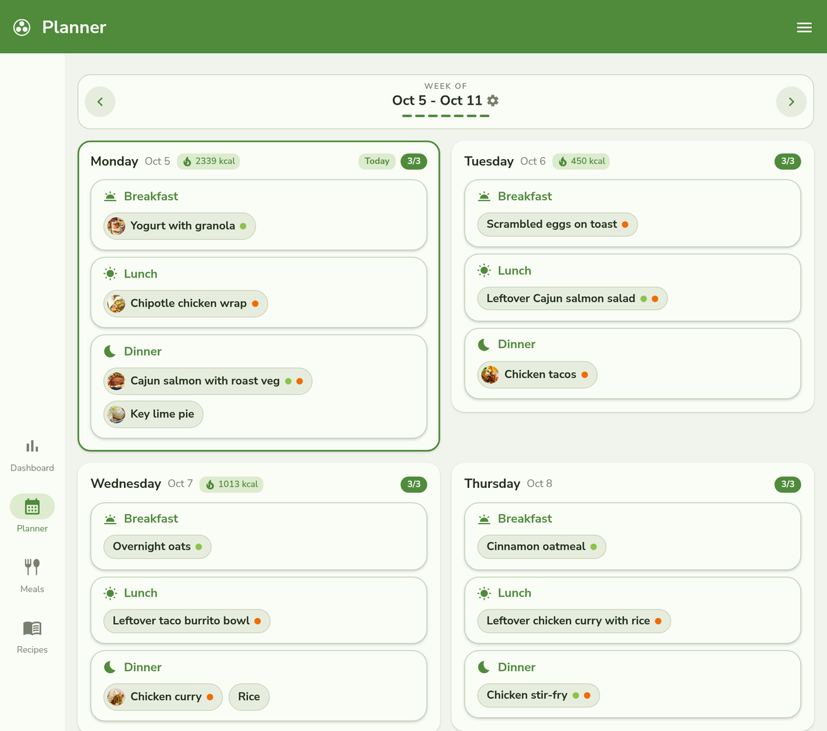 The Masala Menu planner on a large screen: the week laid out two days across, with the navigation rail at the side