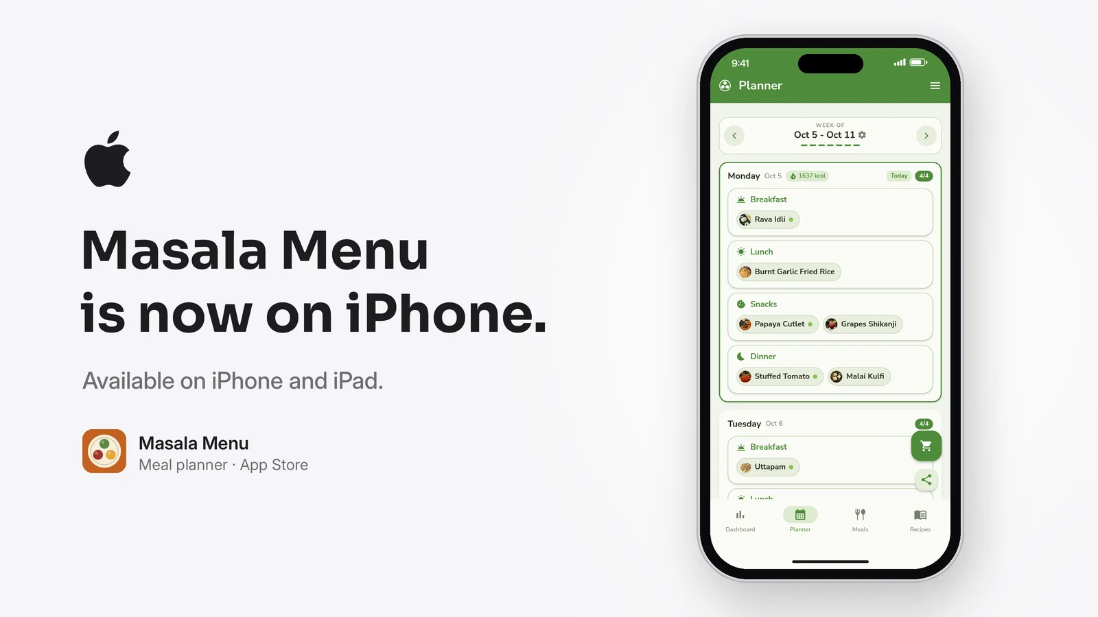 Masala Menu is now on iPhone, available on iPhone and iPad: the weekly planner on an iPhone