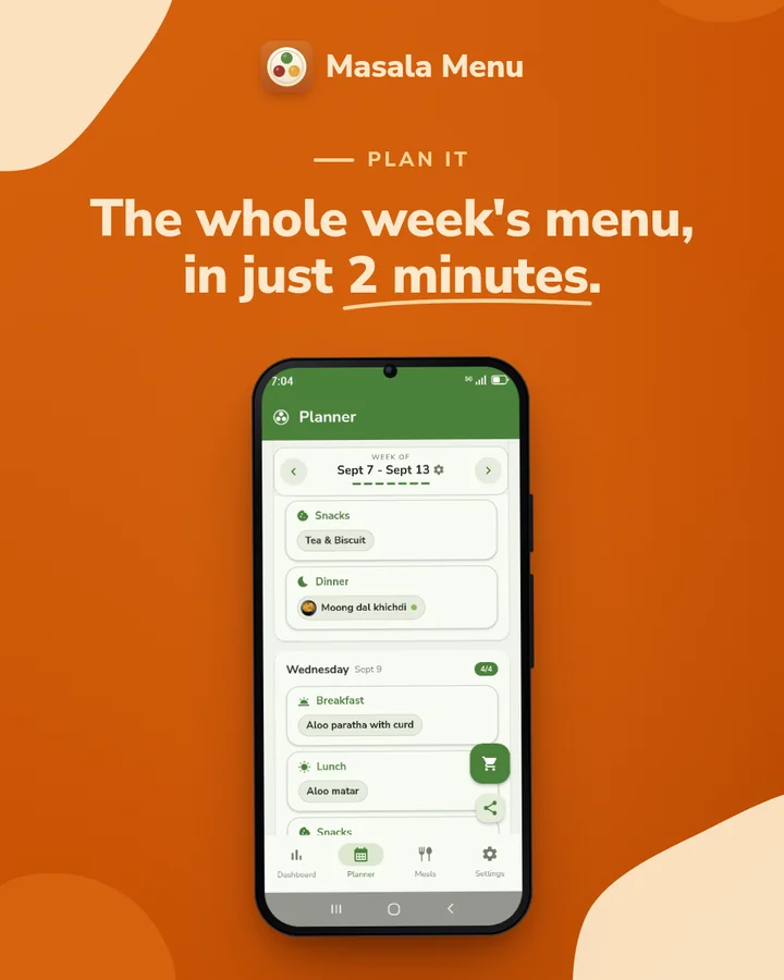 Plan it: the whole week’s menu in just 2 minutes, over the planner with snacks and dinner filled in