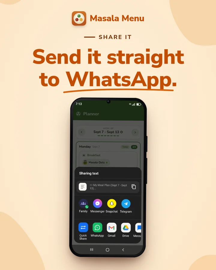 Share it: send the plan straight to WhatsApp, over the phone’s share sheet