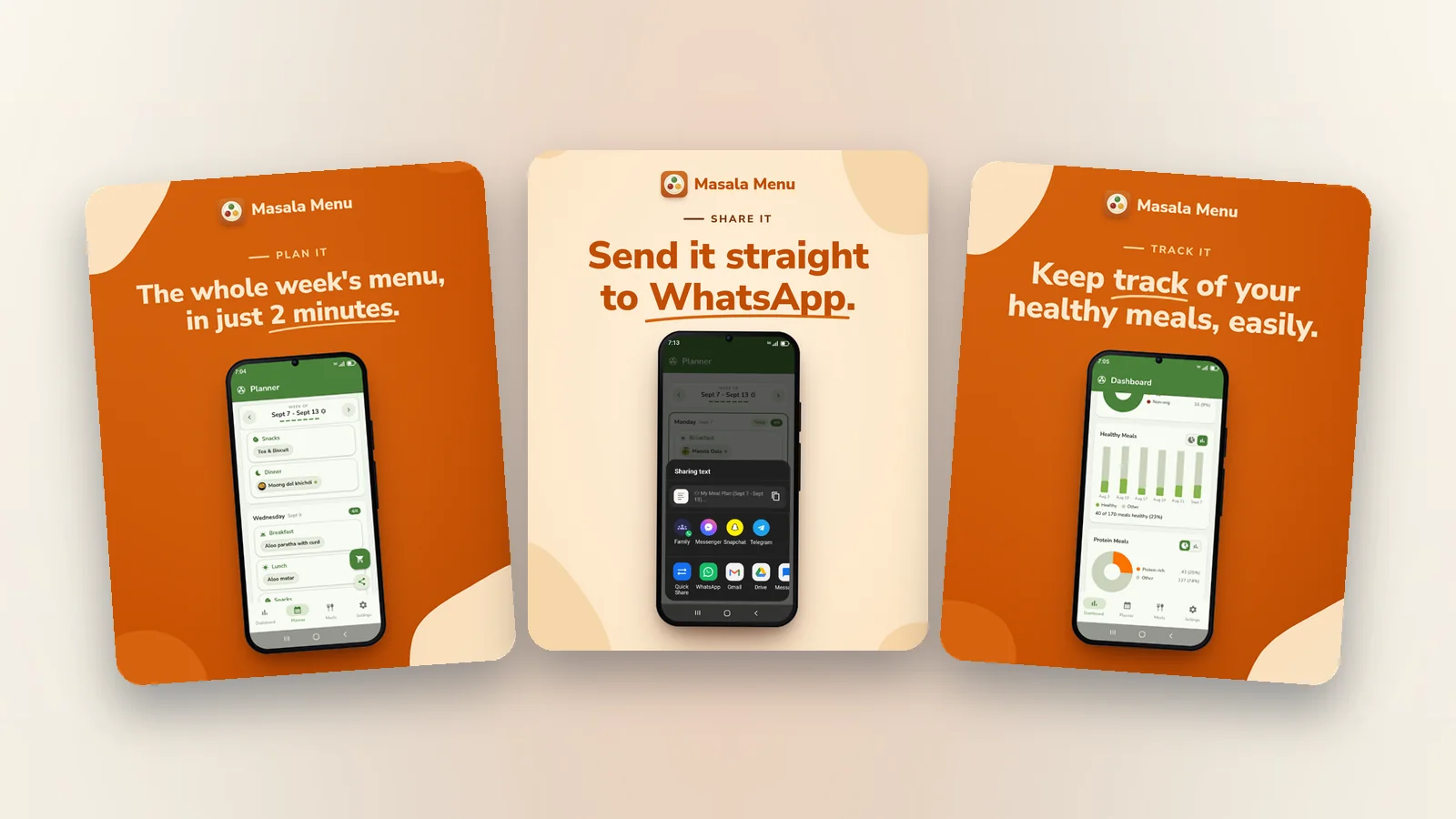 Three Masala Menu launch graphics: plan the whole week’s menu in two minutes, send it straight to WhatsApp, and keep track of your healthy meals