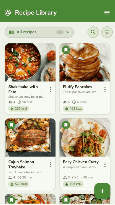 Screen recording: a recipe link pasted into Add a recipe, the details fetched, and the saved Chicken Tacos recipe scrolled from ingredients down to its nutrition per serving