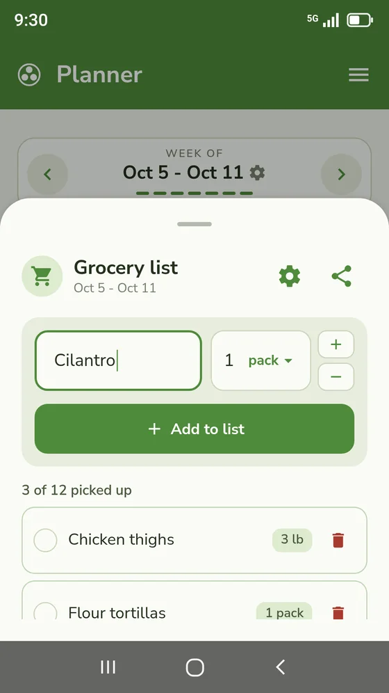 The grocery list for the week of Oct 5 – Oct 11, with cilantro being added and each item’s quantity beside a tick box