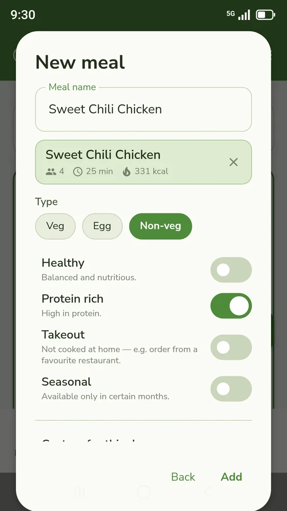 A new meal, Sweet Chili Chicken, with its recipe attached