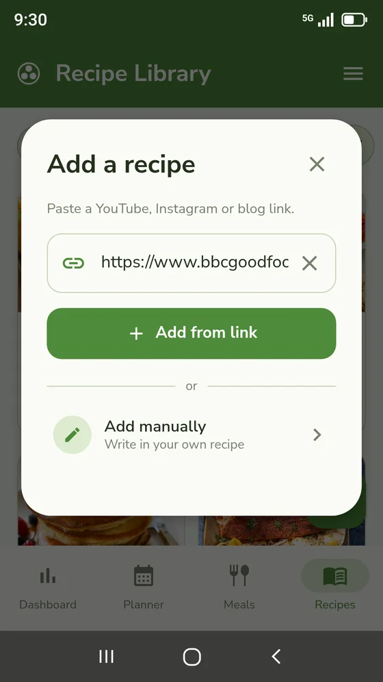 Masala Menu’s Add a recipe screen, with a recipe link pasted in and the Add from link button