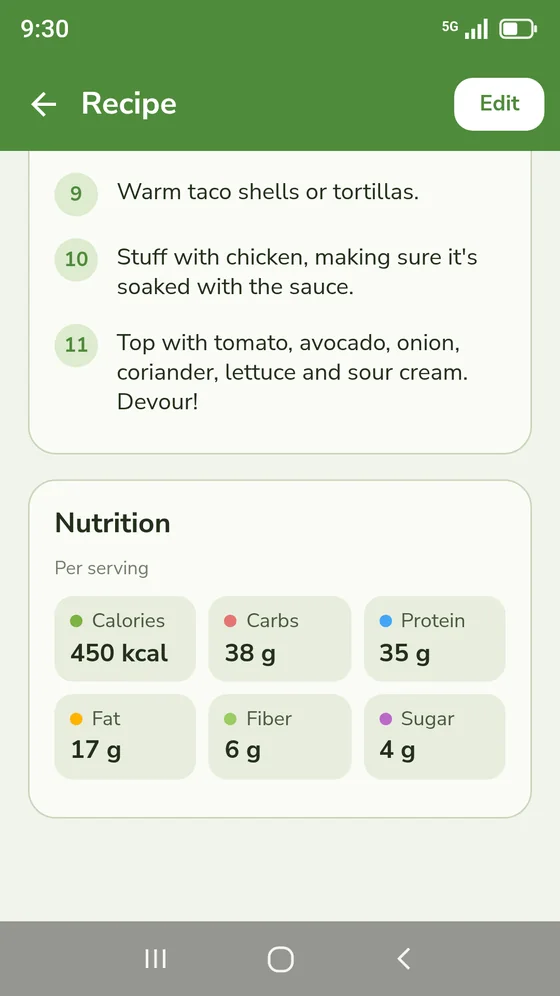 A saved recipe’s method steps and its nutrition per serving